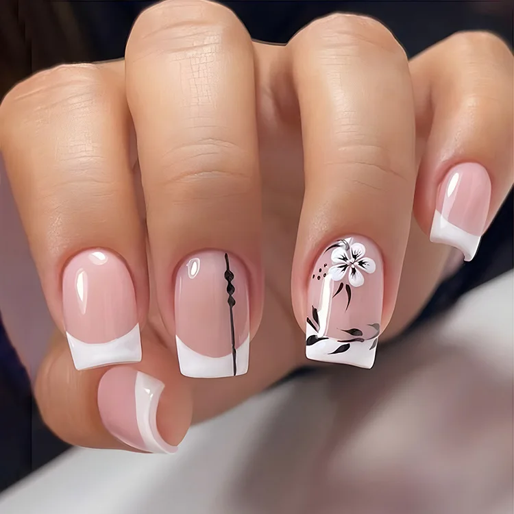 24Pcs Short Square Coffin False Nails Square Fake Nails with Glue French Glitter Wearable Acrylic Nails Set Press on Nail Tips