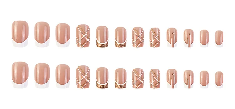 24Pcs Short Square Coffin False Nails Square Fake Nails with Glue French Glitter Wearable Acrylic Nails Set Press on Nail Tips