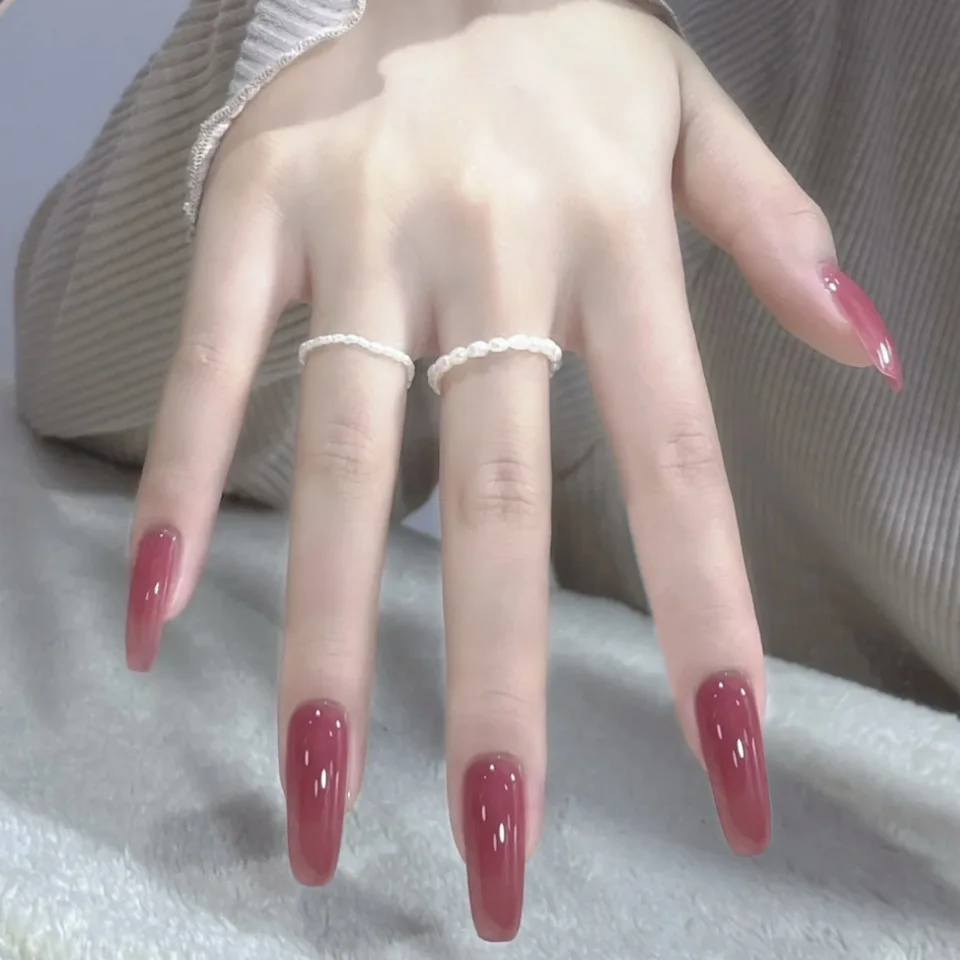24pcs/Box Long Coffin False Nails Art Rose with Glue Wearable Nude Pink White Color Jelly Nails Tips Full Cover Press on Nails
