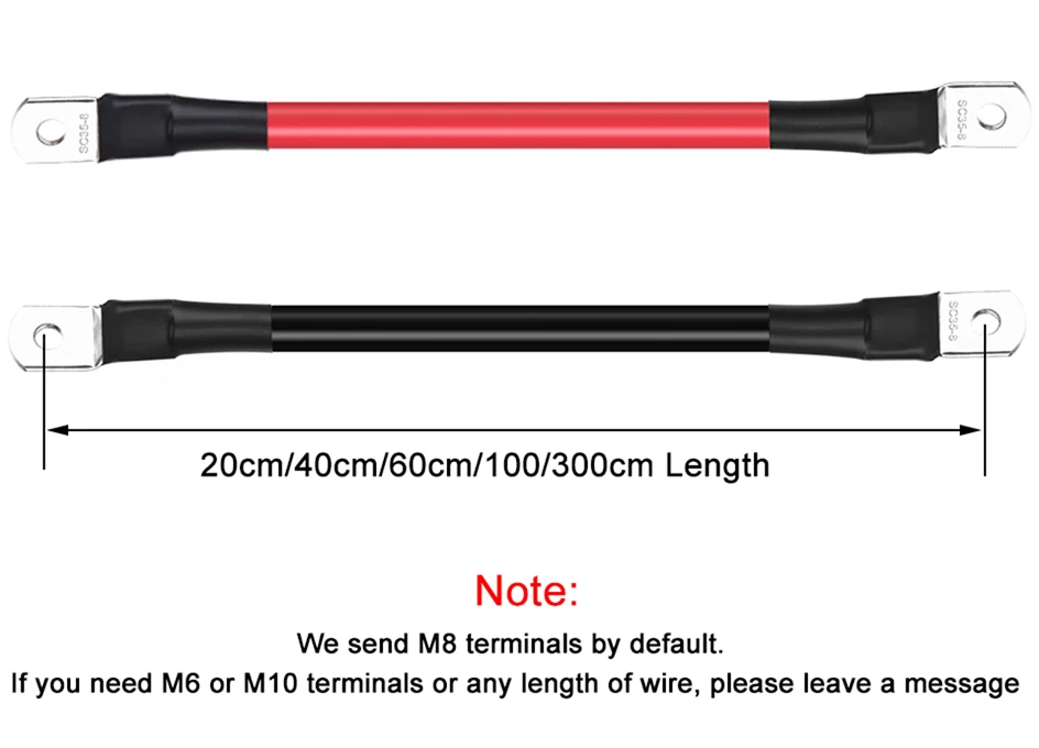 Battery Inverter Connection Cable Set with Terminals 8/6/4/2 AWG 10/16/25/35mm2 UPS Wire Stranded Red Copper Core Tin-plated Lug