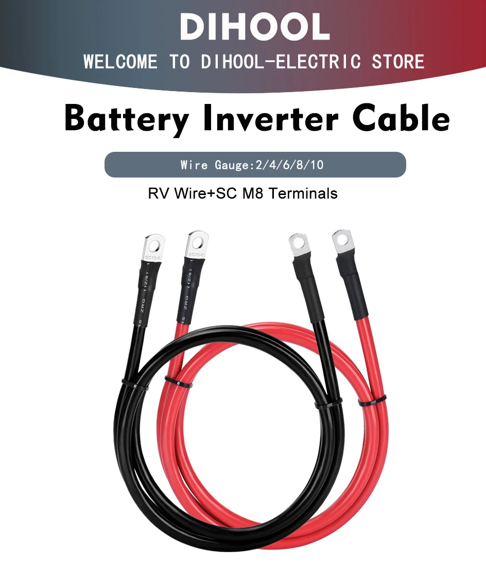 Battery Inverter Connection Cable Set with Terminals 8/6/4/2 AWG 10/16/25/35mm2 UPS Wire Stranded Red Copper Core Tin-plated Lug