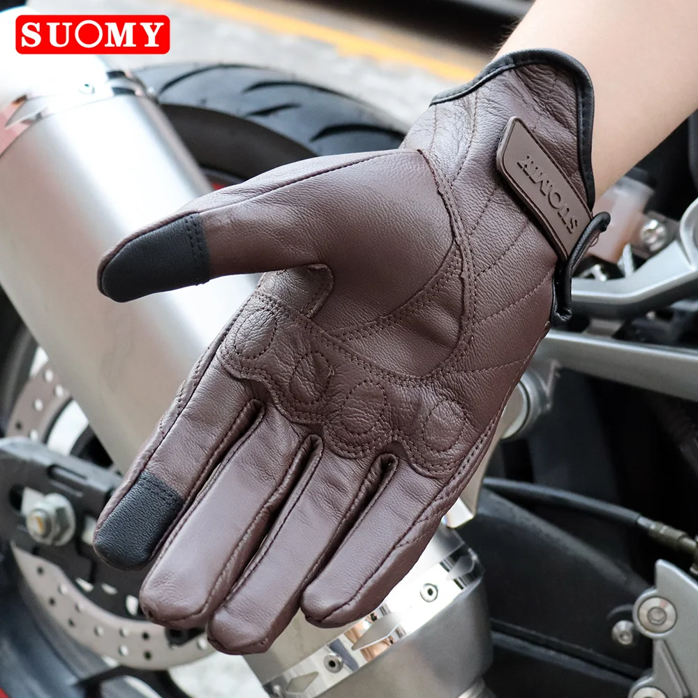 Suomy Vinatge Goatskin Motorcycle Gloves Summer Men Brown Retro Leather Motorbike Motocross Glove Lady Motorcyclist Guantes