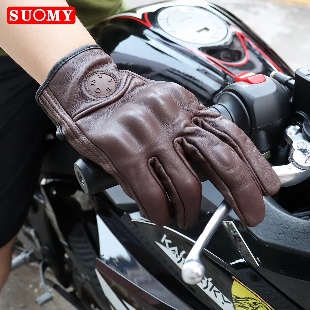 Suomy Vinatge Goatskin Motorcycle Gloves Summer Men Brown Retro Leather Motorbike Motocross Glove Lady Motorcyclist Guantes
