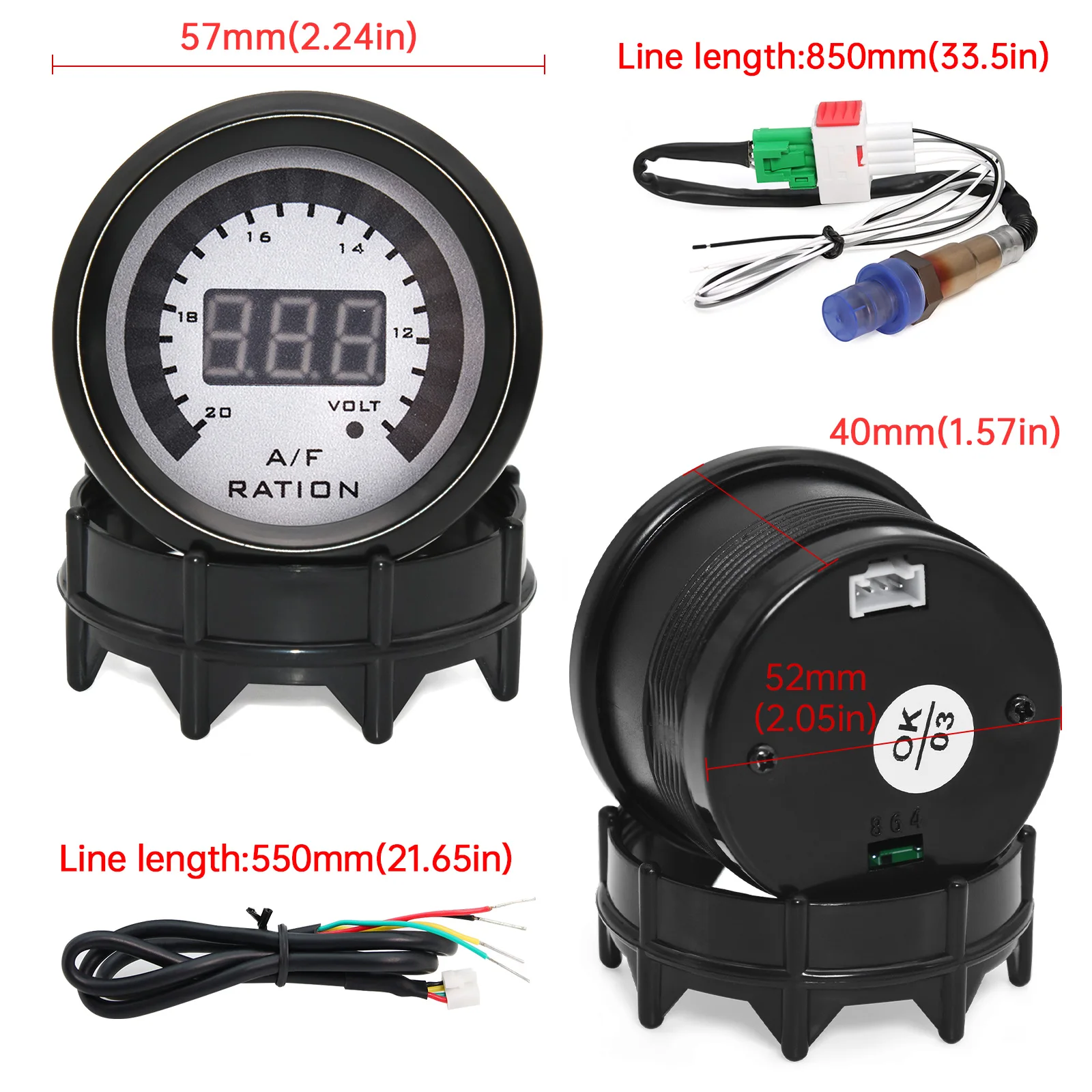 52mm Digital Air Fuel Ratio Gauge Car Gauge AFR Fit for 12V Car Voltmeter 2 in 1 Can Be Paired With Narrowband O2 Oxygen Sensor