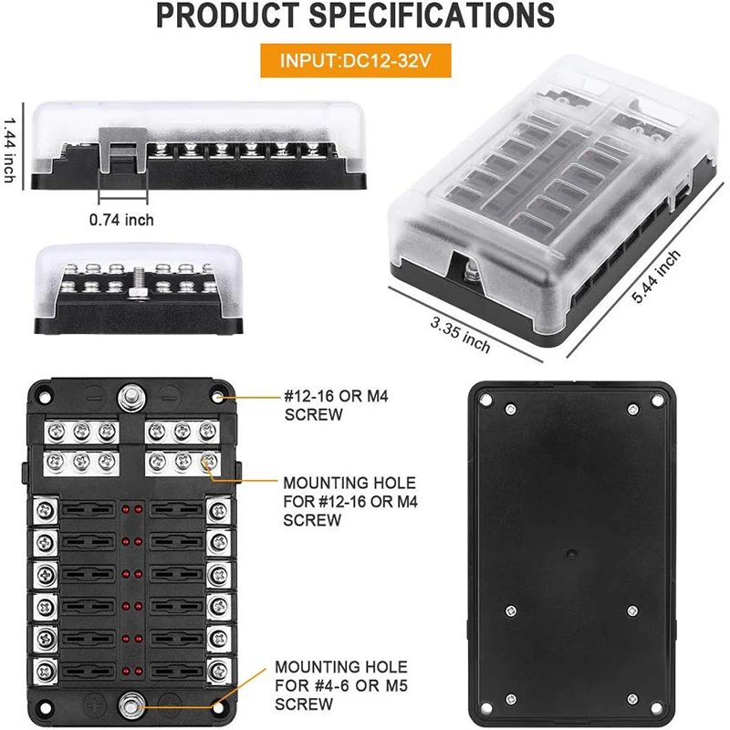 Car Boat Fuse Box Holder With 12 Way Blade Fuse Holder Block & Warning Indicator 12V~24V Power Distribution Panel Board