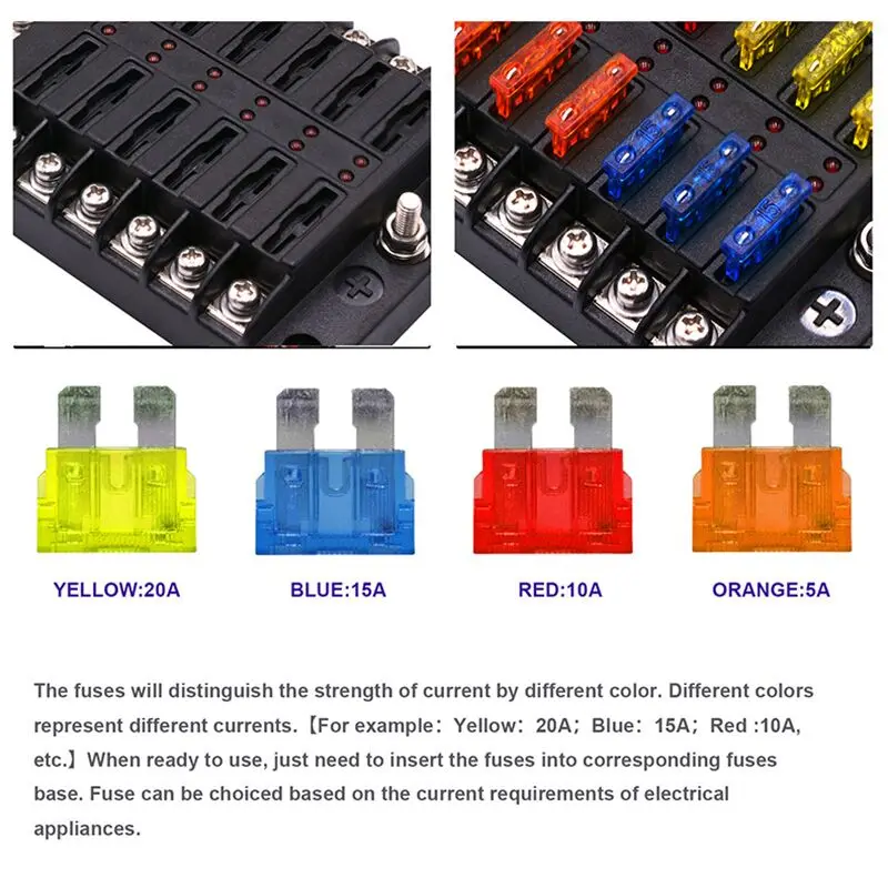 Car Boat Fuse Box Holder With 12 Way Blade Fuse Holder Block & Warning Indicator 12V~24V Power Distribution Panel Board