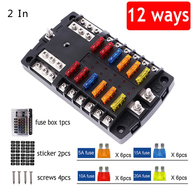 Car Boat Fuse Box Holder With 12 Way Blade Fuse Holder Block & Warning Indicator 12V~24V Power Distribution Panel Board