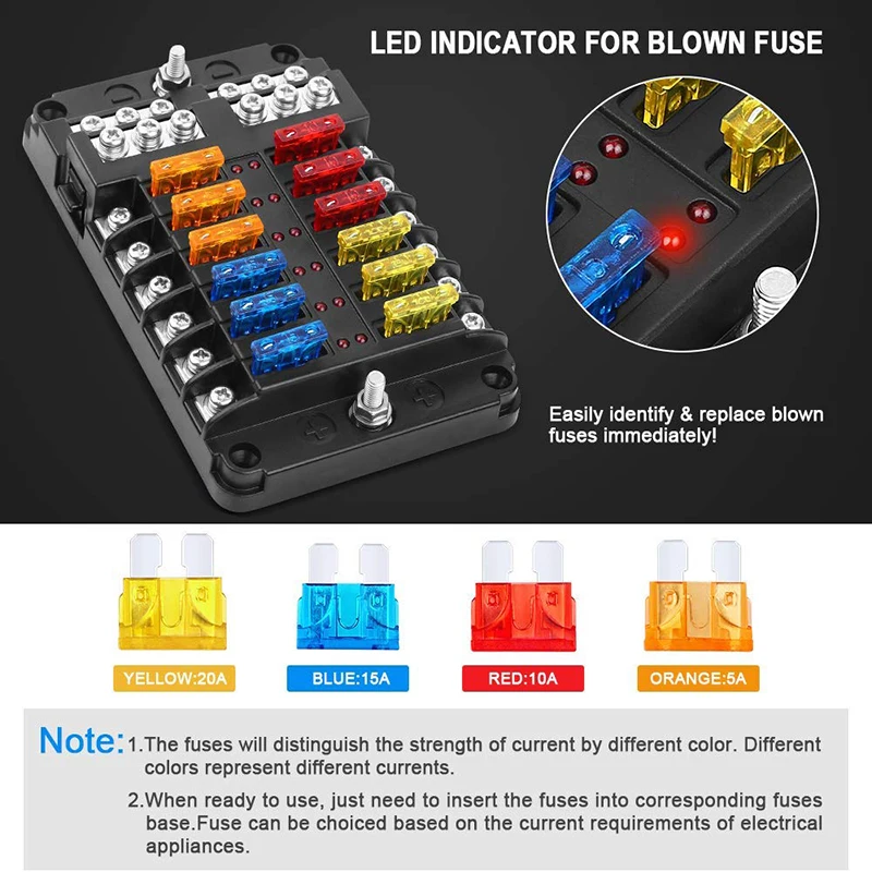 Car Boat Fuse Box Holder With 12 Way Blade Fuse Holder Block & Warning Indicator 12V~24V Power Distribution Panel Board