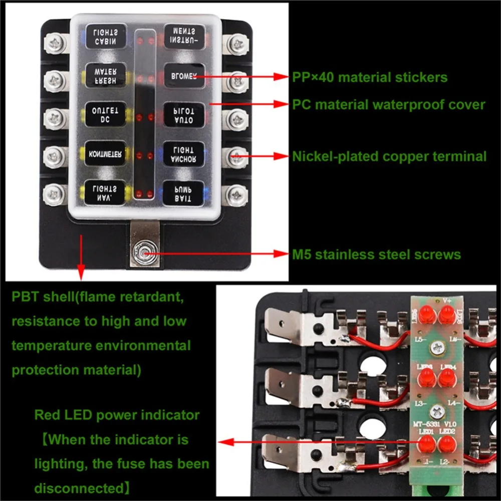 Car Boat Fuse Box Holder With 12 Way Blade Fuse Holder Block & Warning Indicator 12V~24V Power Distribution Panel Board
