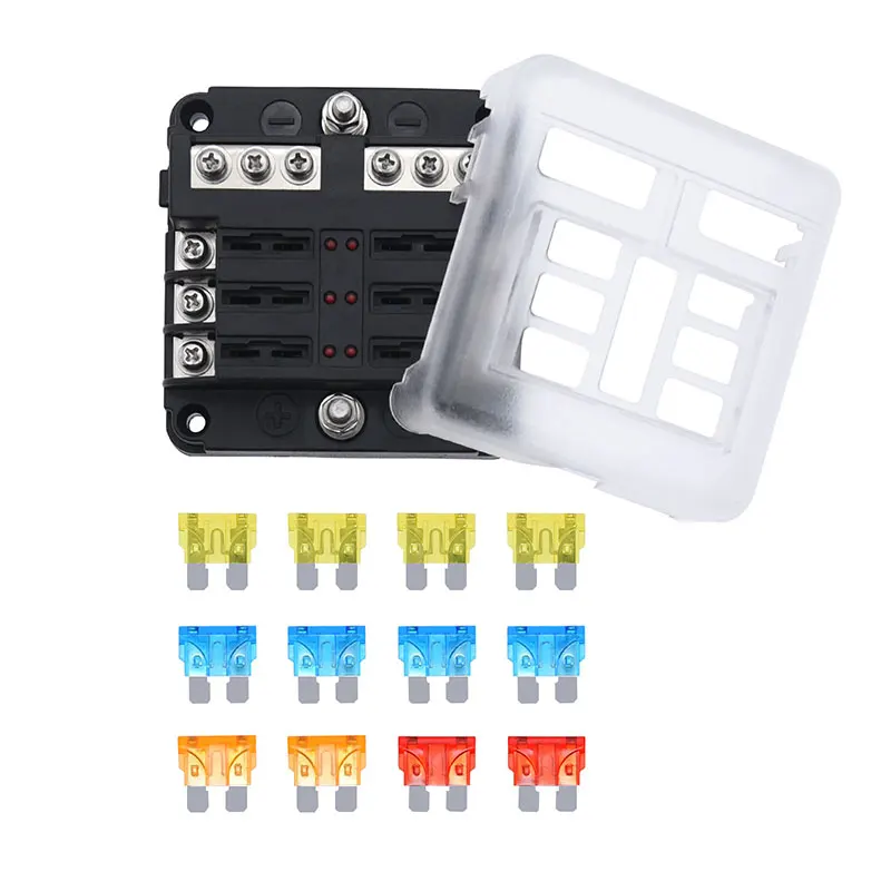 Car Boat Fuse Box Holder With 12 Way Blade Fuse Holder Block & Warning Indicator 12V~24V Power Distribution Panel Board