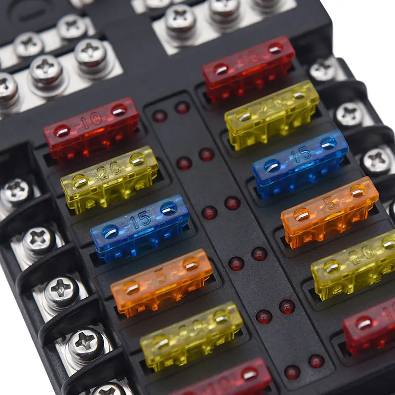 Car Boat Fuse Box Holder With 12 Way Blade Fuse Holder Block & Warning Indicator 12V~24V Power Distribution Panel Board