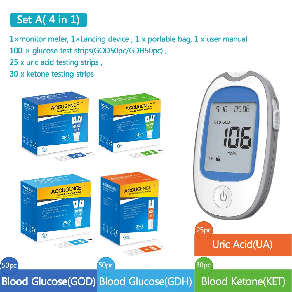 Accurate Blood Ketone Uric Acid Blood Glucose(GOD or GDH) Meter System Diabetes Gout Monitoring Device Replace 4 In1 Test Strips