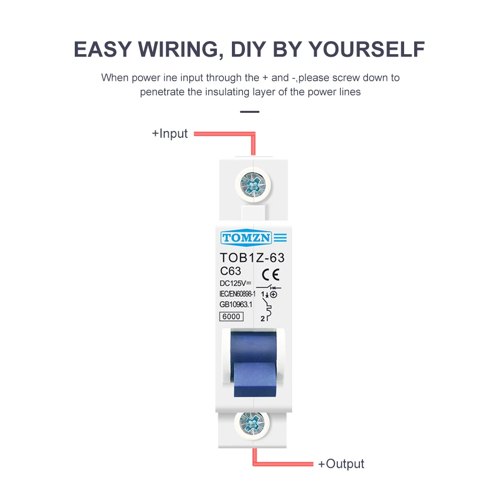 TOMZN DC MCB 6000A 1P 125V Mini Circuit Breaker 3A 6A 10A 16A 20A 25A 32A 40A 50A 63A