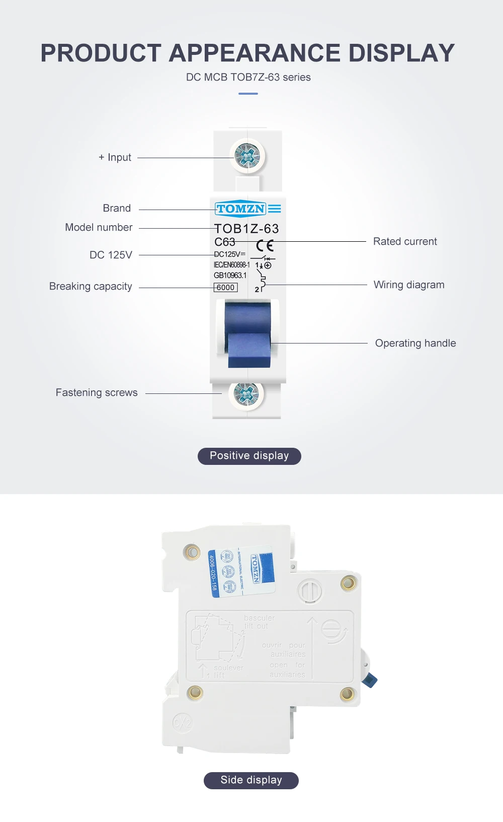 TOMZN DC MCB 6000A 1P 125V Mini Circuit Breaker 3A 6A 10A 16A 20A 25A 32A 40A 50A 63A