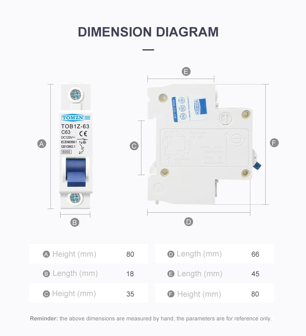 TOMZN DC MCB 6000A 1P 125V Mini Circuit Breaker 3A 6A 10A 16A 20A 25A 32A 40A 50A 63A