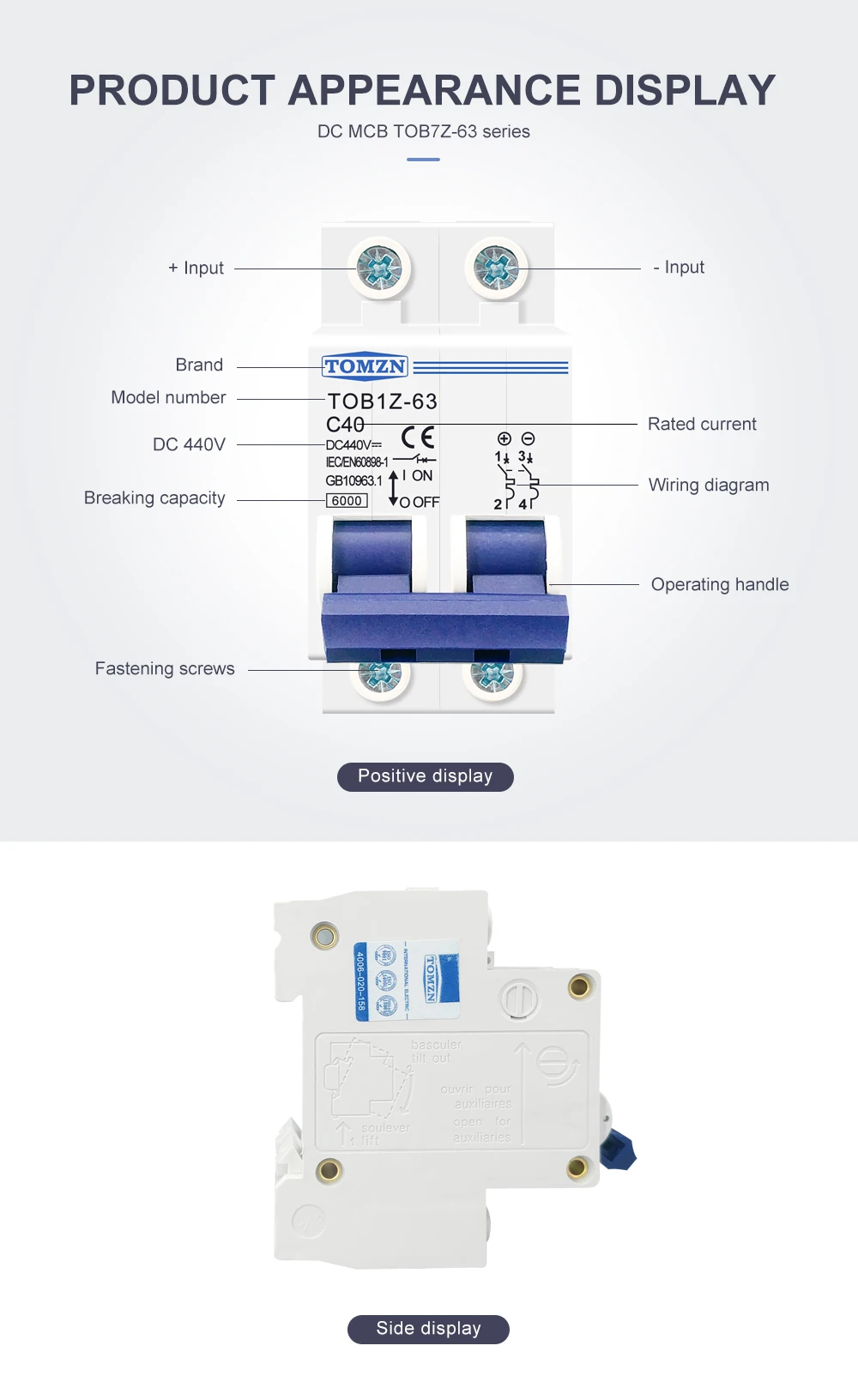 TOMZN 2P DC MCB 6KA 440V Mini Circuit Breaker 3A 6A 10A 16A 20A 25A 32A 40A 50A 63A