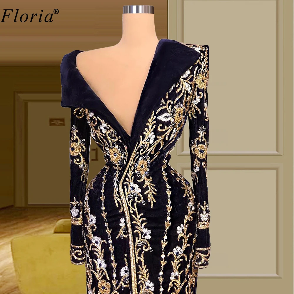 Dubai Black Formal Evening Dresses Long Sleeves Mermaid Celebrity Dresses For Women Turkish Couture Beading Abiti Da Cerimonia