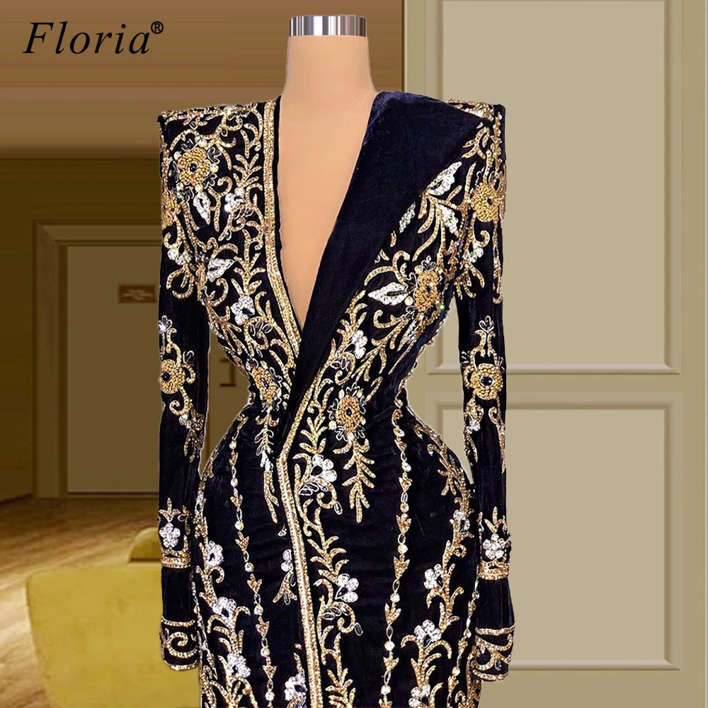 Dubai Black Formal Evening Dresses Long Sleeves Mermaid Celebrity Dresses For Women Turkish Couture Beading Abiti Da Cerimonia