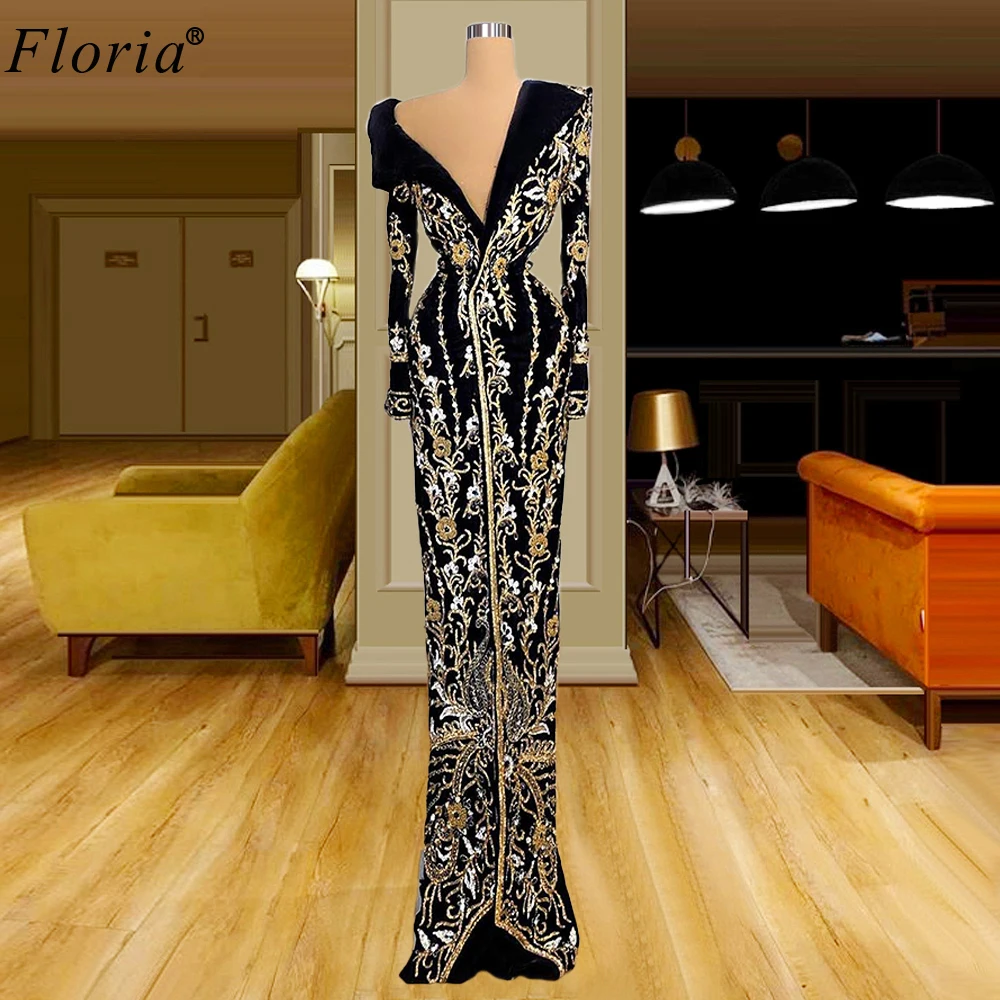 Dubai Black Formal Evening Dresses Long Sleeves Mermaid Celebrity Dresses For Women Turkish Couture Beading Abiti Da Cerimonia