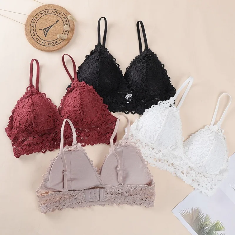 Women Triangle Bralette French Style Wireless Bra Sexy Lingerie Padded Bra Delicate Floral Lace Underwear Daily Wear One Size