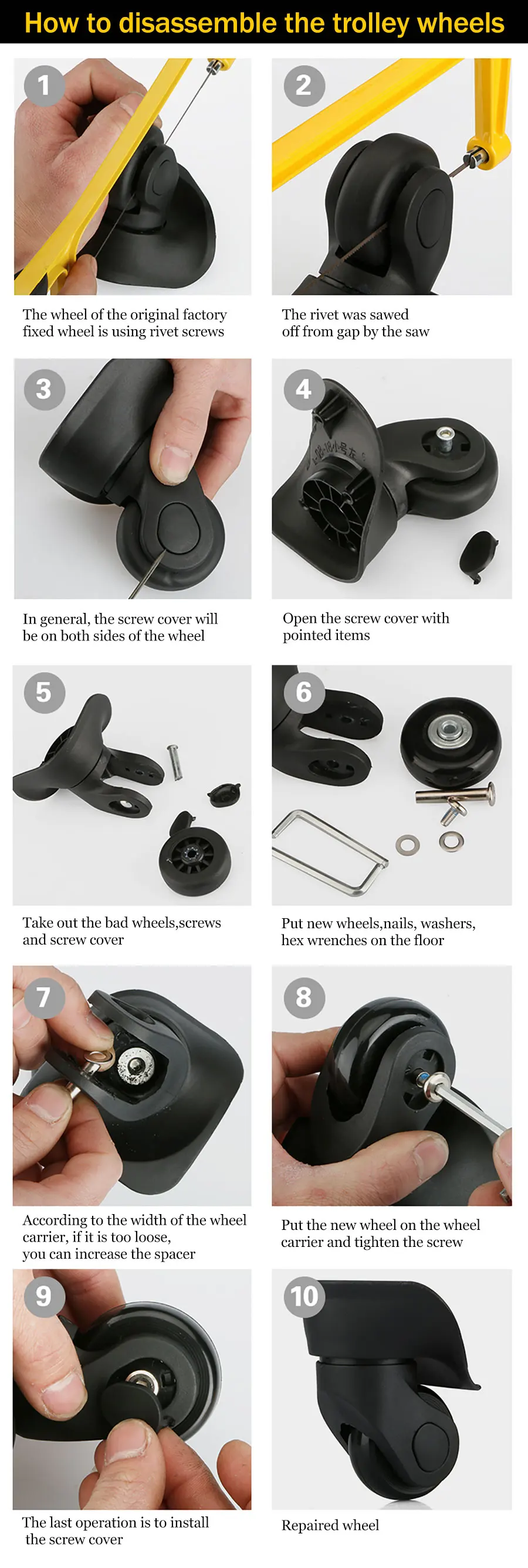 Luggage Suitcase Replacement Wheels OD 36-50mm Axles Deluxe Black With Screw Suitable For 18-26 Inch Suitcase Swivel Caster