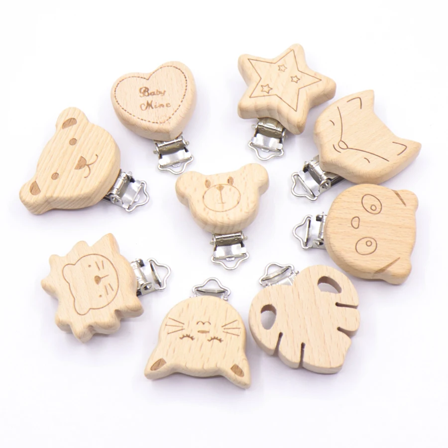 5PCS Wooden Rabbit Star Pacifier Clip Baby Accessories Wooden Animal Pacifier Metal Holder Elephant Pacifier Wooden Baby Teeth