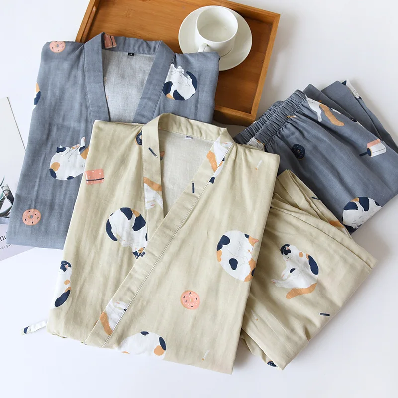 New Japanese-style Kimono Two-piece Couple Pajamas Cover Men And Women Pure Cotton Gauze Cute Kitten Thin Home Service Plus Size