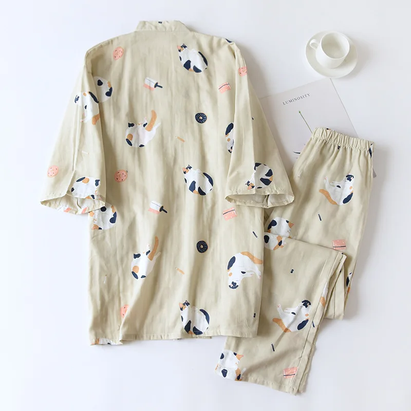 New Japanese-style Kimono Two-piece Couple Pajamas Cover Men And Women Pure Cotton Gauze Cute Kitten Thin Home Service Plus Size