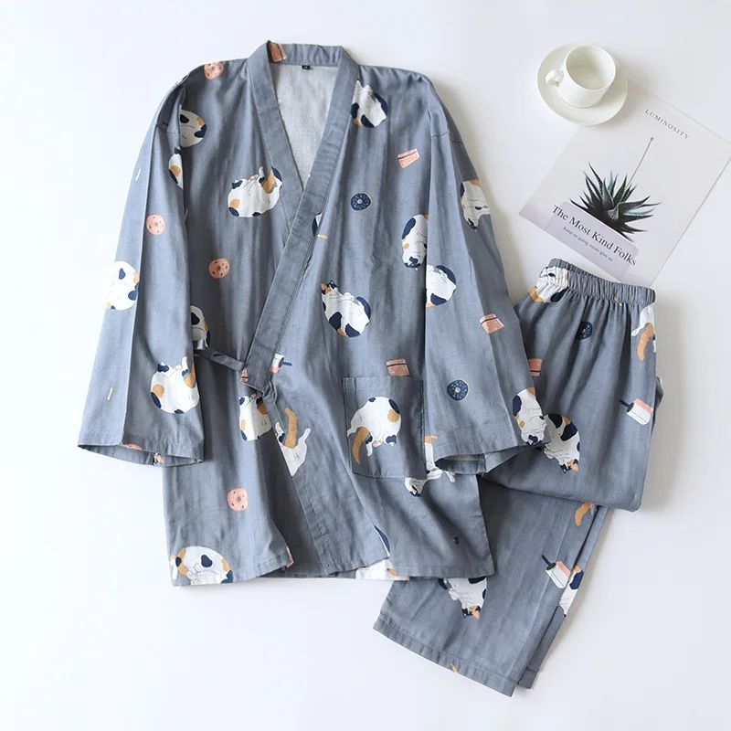 New Japanese-style Kimono Two-piece Couple Pajamas Cover Men And Women Pure Cotton Gauze Cute Kitten Thin Home Service Plus Size