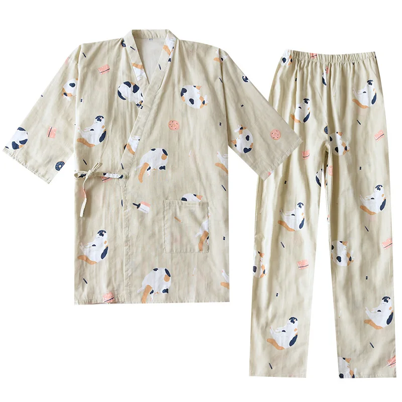 New Japanese-style Kimono Two-piece Couple Pajamas Cover Men And Women Pure Cotton Gauze Cute Kitten Thin Home Service Plus Size