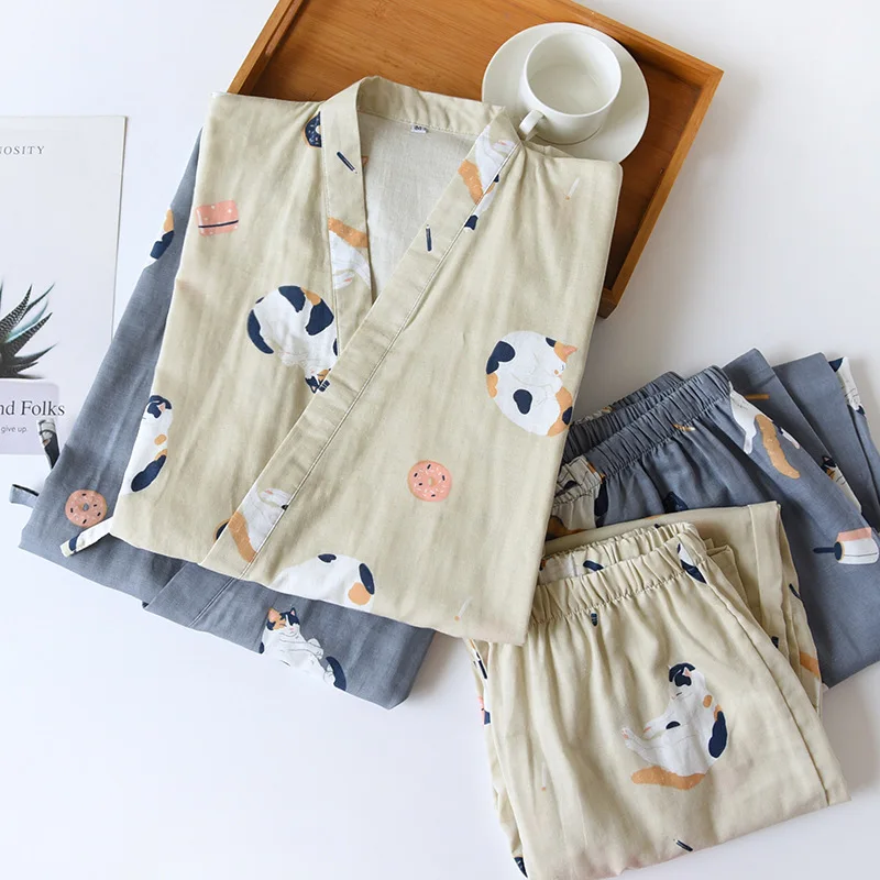 New Japanese-style Kimono Two-piece Couple Pajamas Cover Men And Women Pure Cotton Gauze Cute Kitten Thin Home Service Plus Size