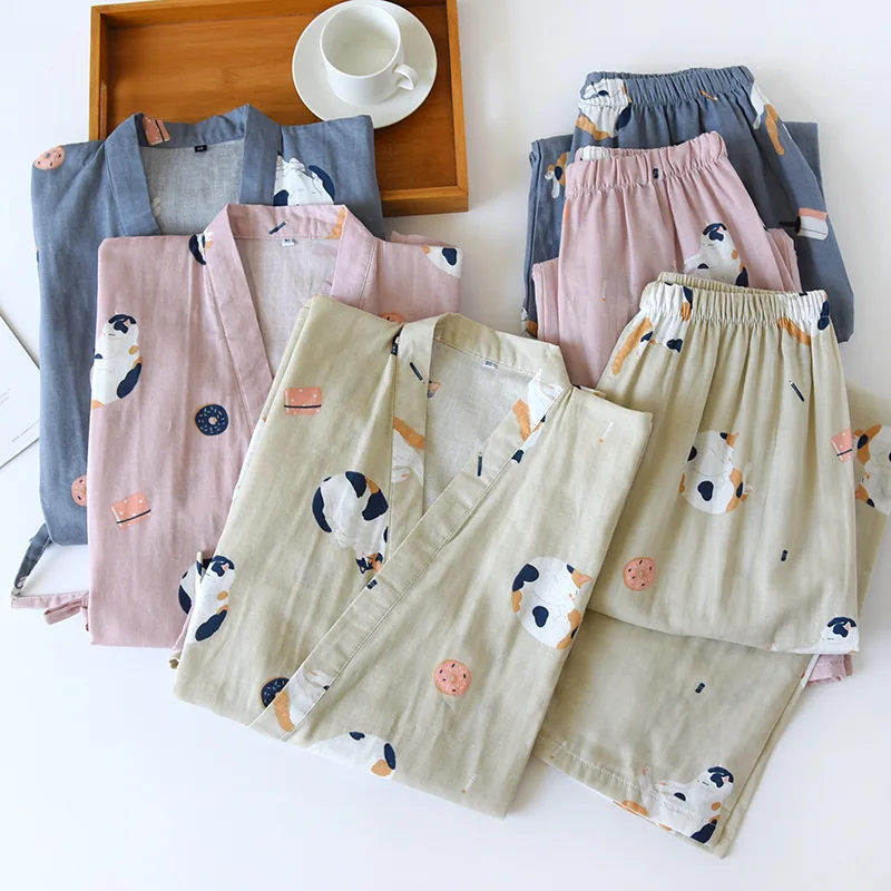 New Japanese-style Kimono Two-piece Couple Pajamas Cover Men And Women Pure Cotton Gauze Cute Kitten Thin Home Service Plus Size