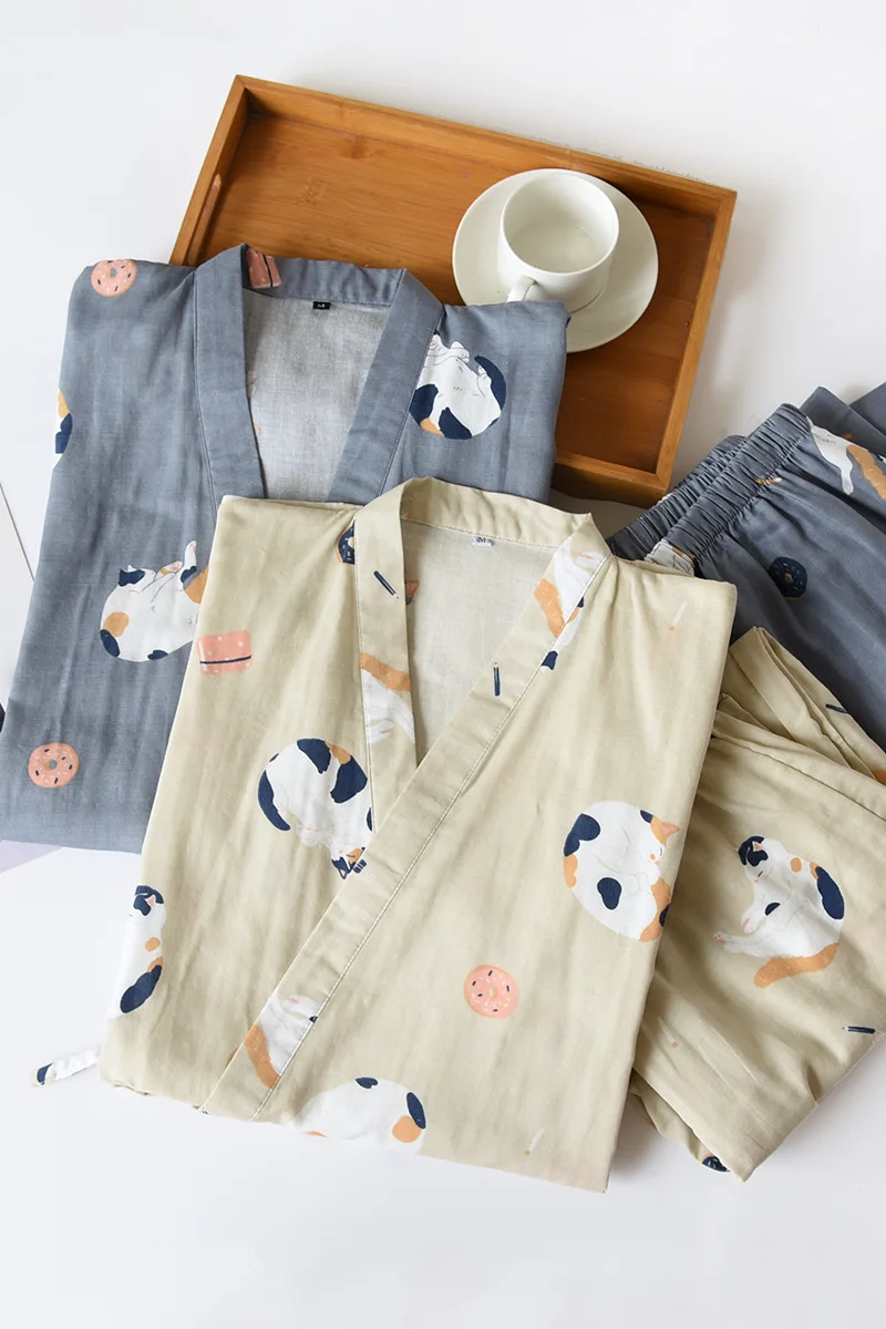 New Japanese-style Kimono Two-piece Couple Pajamas Cover Men And Women Pure Cotton Gauze Cute Kitten Thin Home Service Plus Size
