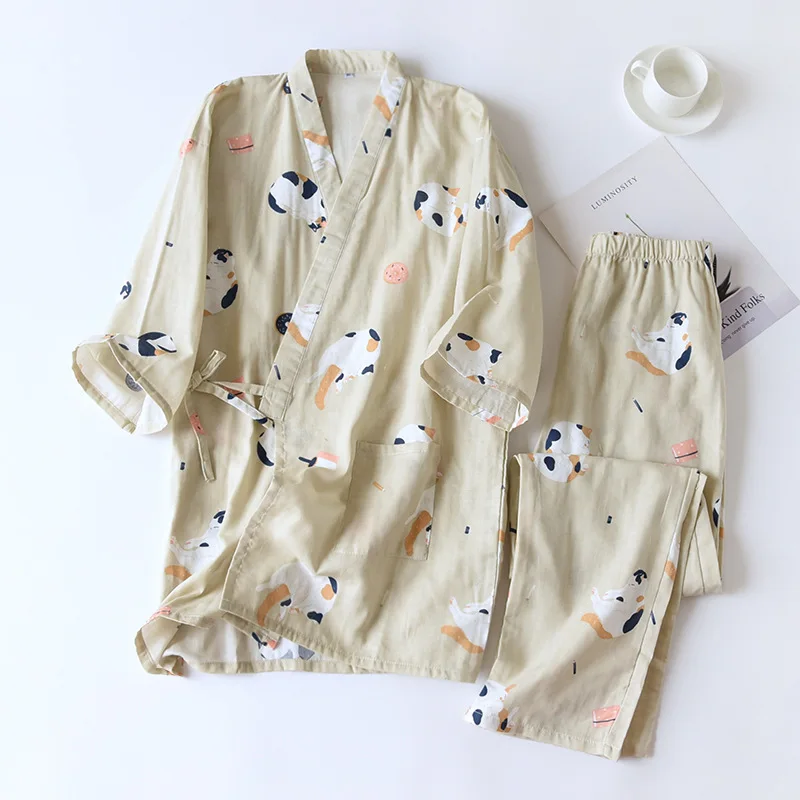 New Japanese-style Kimono Two-piece Couple Pajamas Cover Men And Women Pure Cotton Gauze Cute Kitten Thin Home Service Plus Size