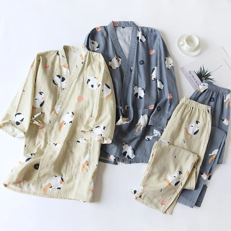 New Japanese-style Kimono Two-piece Couple Pajamas Cover Men And Women Pure Cotton Gauze Cute Kitten Thin Home Service Plus Size