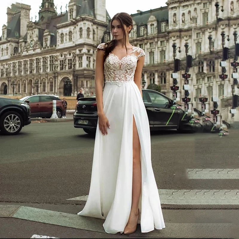 SoDigne Boho Wedding Dress 2022 Simple Side Slit Lace Backless Bridal Gown V-neck Beach Wedding Dresses Plus Size Customized