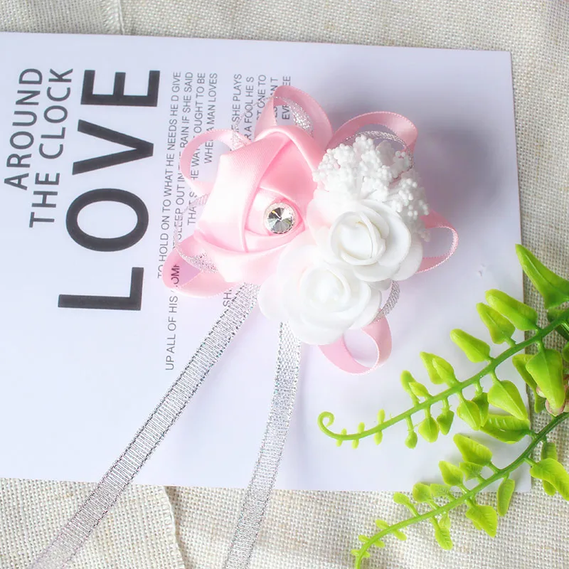 YO CHO Silk Roses White Wrist Corsage Wrist Flowers for Bridesmaids Flower Bracelet Pink Blue Bridal Sisters Wedding Accessories