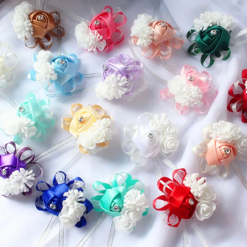 YO CHO Silk Roses White Wrist Corsage Wrist Flowers for Bridesmaids Flower Bracelet Pink Blue Bridal Sisters Wedding Accessories