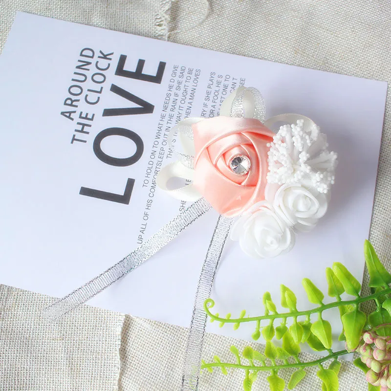 YO CHO Silk Roses White Wrist Corsage Wrist Flowers for Bridesmaids Flower Bracelet Pink Blue Bridal Sisters Wedding Accessories