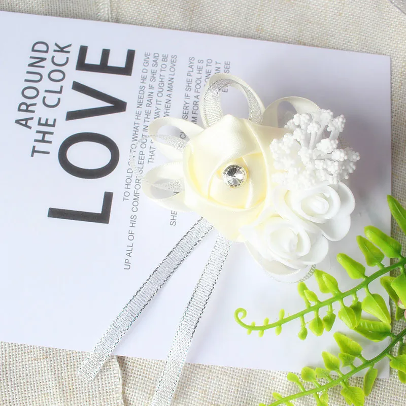 YO CHO Silk Roses White Wrist Corsage Wrist Flowers for Bridesmaids Flower Bracelet Pink Blue Bridal Sisters Wedding Accessories