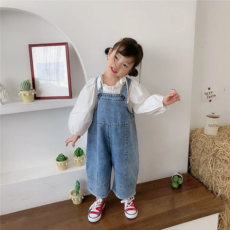 Korean Style Spring Fall Kids Children Oversized Wide Leg Denim Overalls Baby Clothes Boys Girls Loose All-match Casual Pants