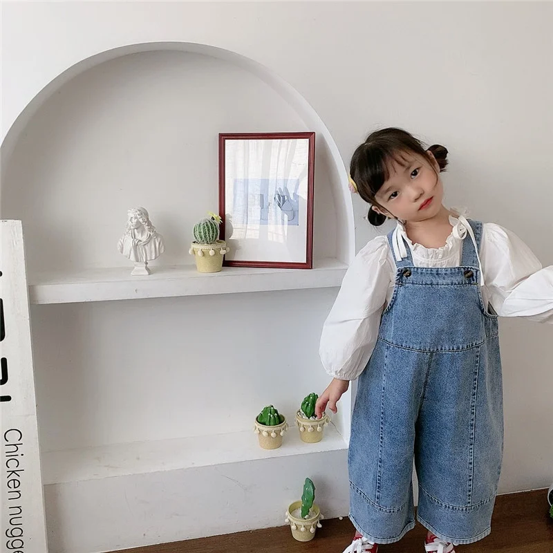 Korean Style Spring Fall Kids Children Oversized Wide Leg Denim Overalls Baby Clothes Boys Girls Loose All-match Casual Pants