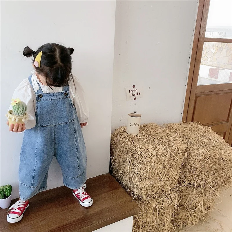 Korean Style Spring Fall Kids Children Oversized Wide Leg Denim Overalls Baby Clothes Boys Girls Loose All-match Casual Pants