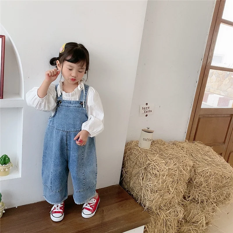 Korean Style Spring Fall Kids Children Oversized Wide Leg Denim Overalls Baby Clothes Boys Girls Loose All-match Casual Pants