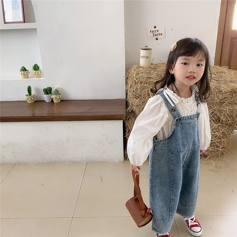 Korean Style Spring Fall Kids Children Oversized Wide Leg Denim Overalls Baby Clothes Boys Girls Loose All-match Casual Pants