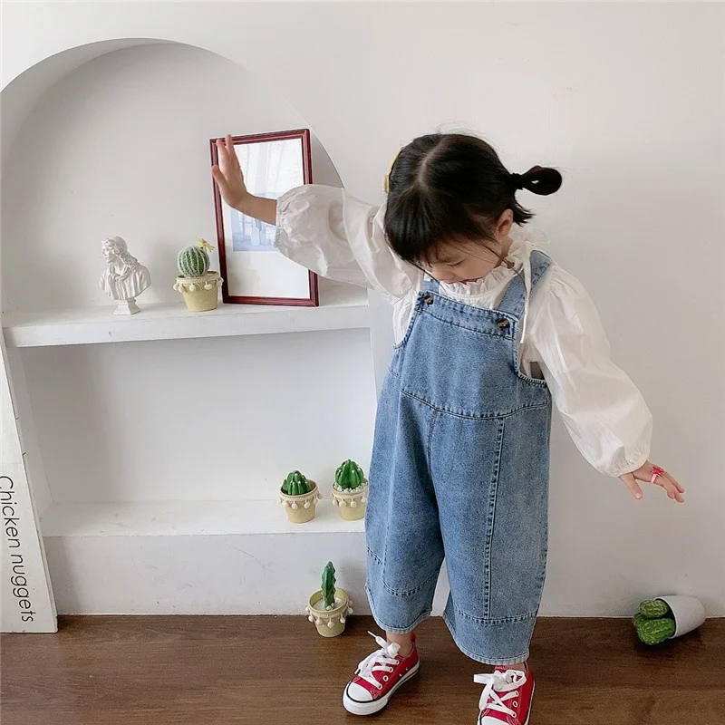 Korean Style Spring Fall Kids Children Oversized Wide Leg Denim Overalls Baby Clothes Boys Girls Loose All-match Casual Pants