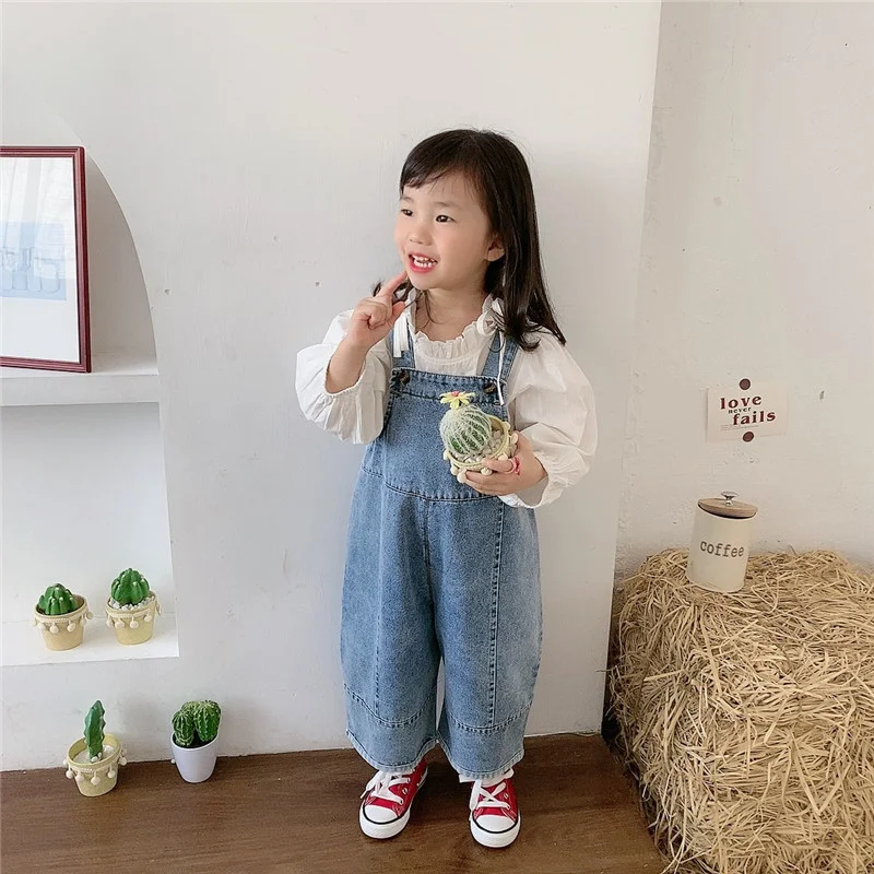 Korean Style Spring Fall Kids Children Oversized Wide Leg Denim Overalls Baby Clothes Boys Girls Loose All-match Casual Pants