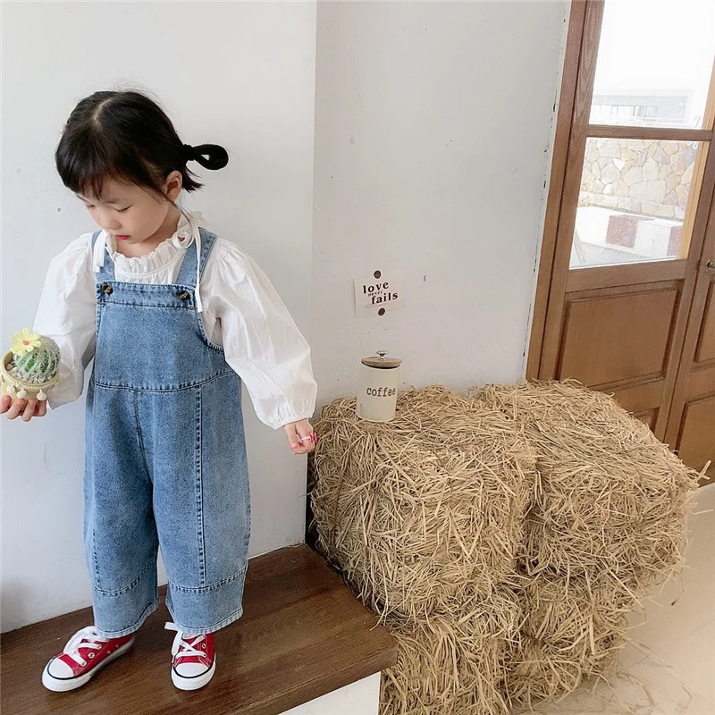 Korean Style Spring Fall Kids Children Oversized Wide Leg Denim Overalls Baby Clothes Boys Girls Loose All-match Casual Pants