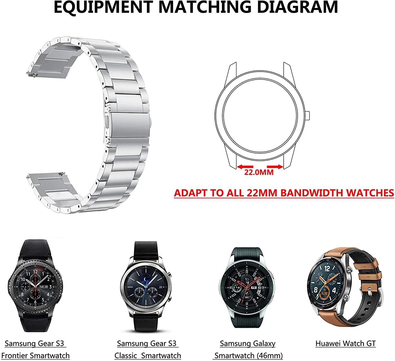 18mm 22mm 20mm Watch Band For Samsung Galaxy Watch 7/6/5/4/3 S3 Active2 Huawei Watch GT 7 Pro GT6 GT5 GT4 3 Stainless Steel Band