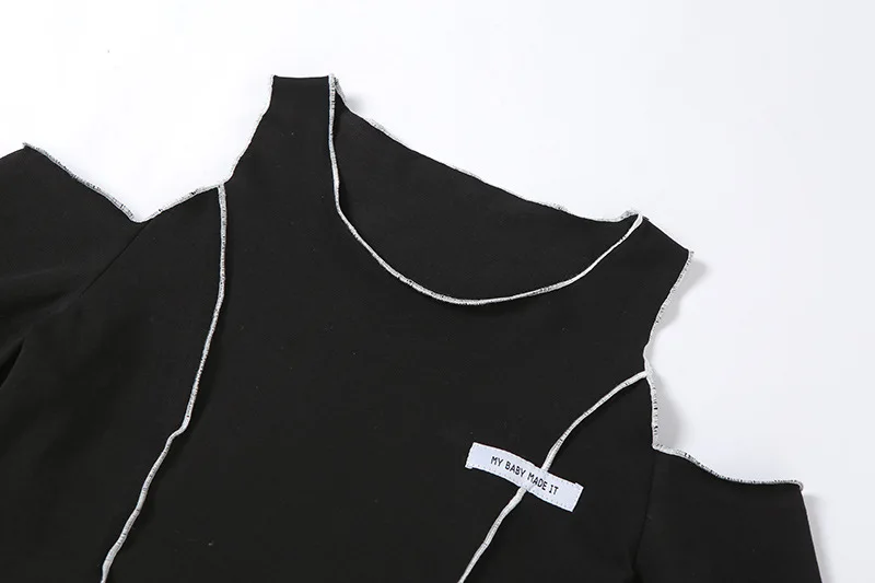 Patchwork Black T-shirts Gothic One Shoulder Sleeve Y2k Crop Tops Ruffles Hem Hip Hop Techwear Women Tees